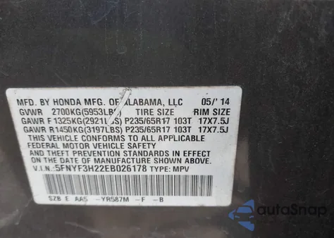 2014 Honda Pilot Lx from USA, damaged, VIN 5FNYF3H22EB026178